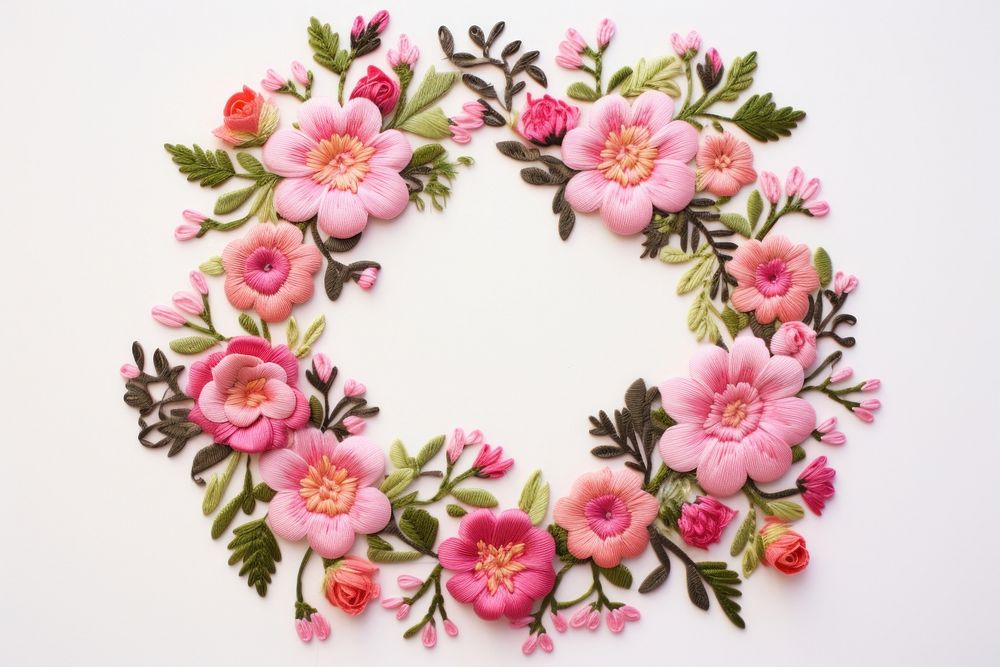 Floral wreath in embroidery style pattern inflorescence arrangement.