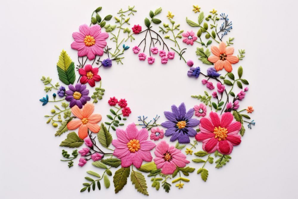 Floral wreath in embroidery style pattern art celebration.