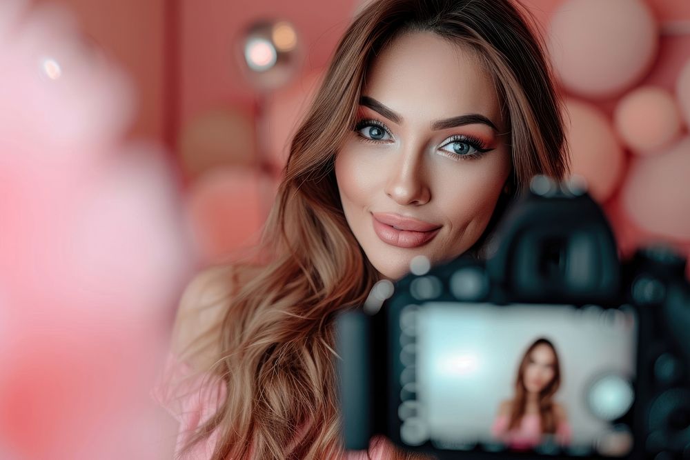 A girl take a selfie with video recording in front portrait adult photo.