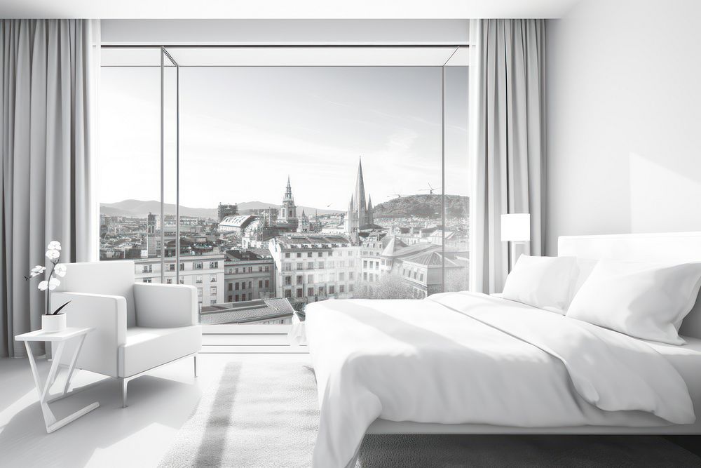 Hotel room city architecture furniture. AI generated Image by rawpixel.