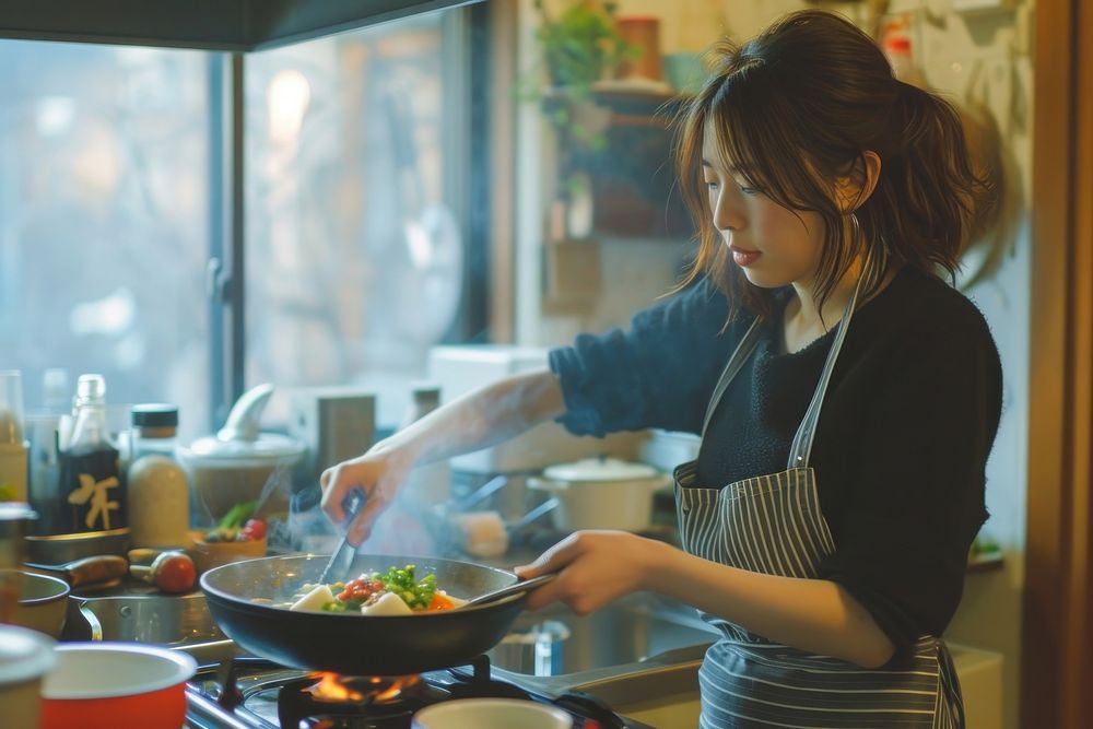 A japanese girl showing a cook cooking kitchen adult.