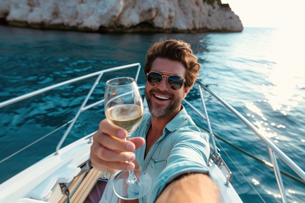 A man with wine taking a selfie at luxury boat outdoors vehicle nature.