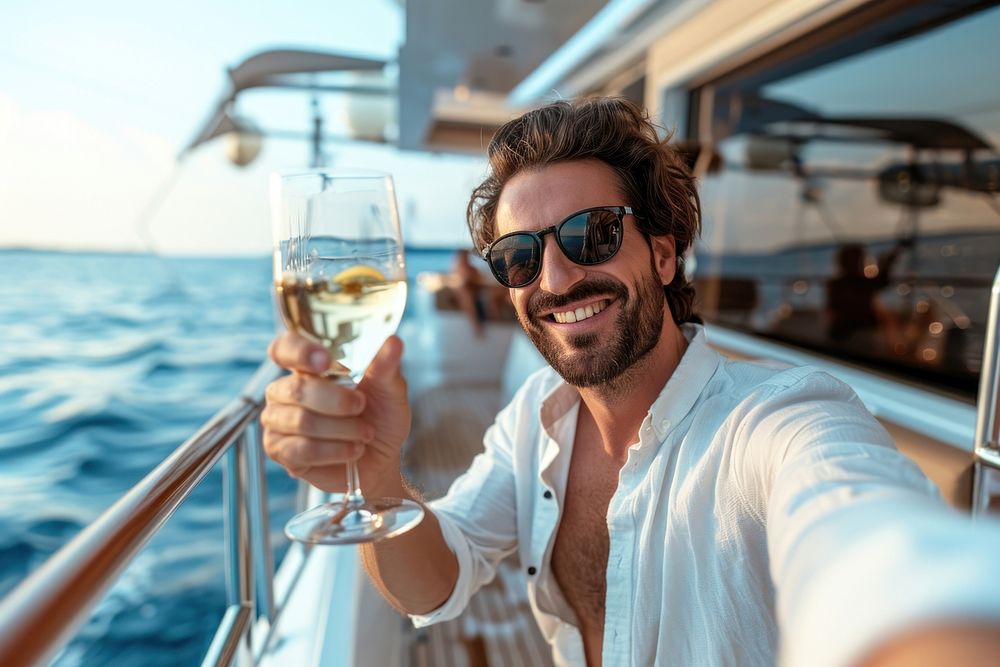 A man with wine taking a selfie at luxury boat outdoors adult drink.