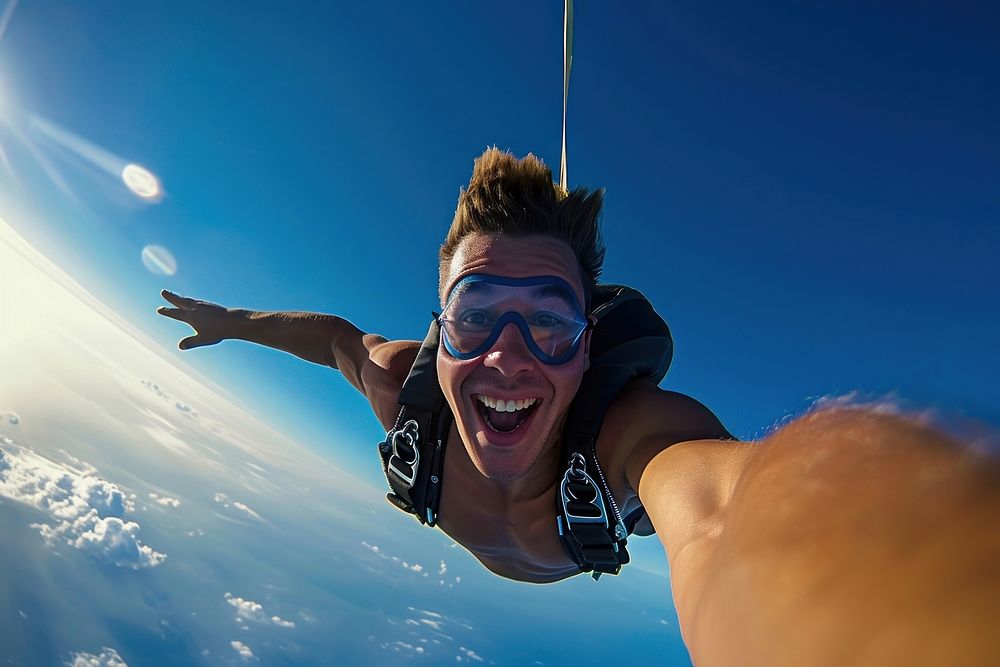A man taking a selfie while sky diving recreation adventure skydiving.