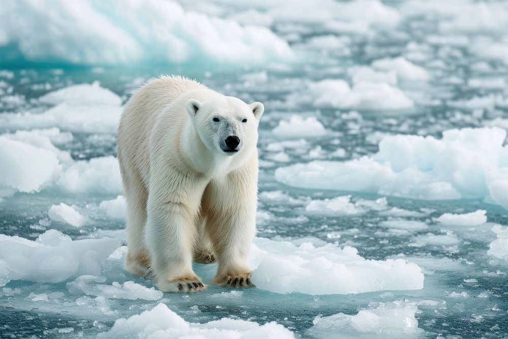A polar bear standing in a cold ocean filled with ice wildlife animal mammal.