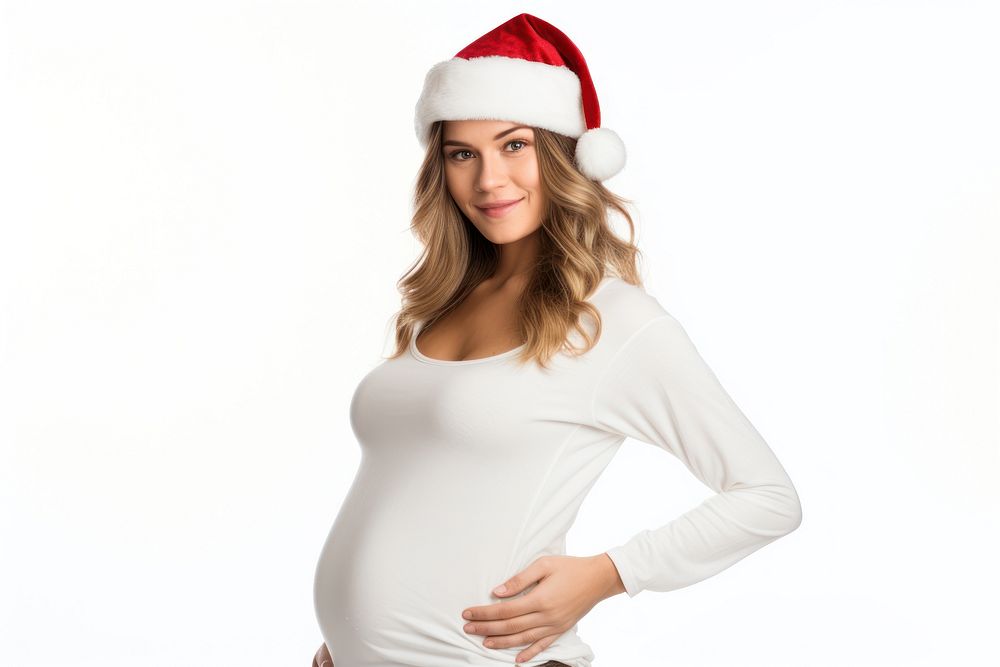Pregnant woman in white sweater photography christmas portrait.