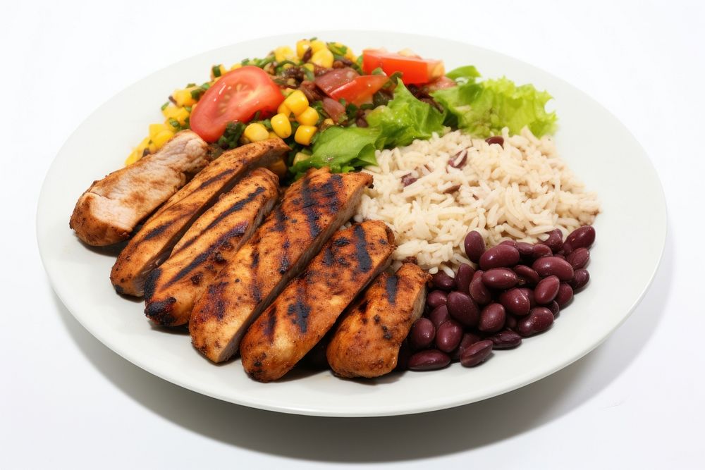 Rice beans grilled chicken steak salad and farofa lunch plate meal. AI generated Image by rawpixel.