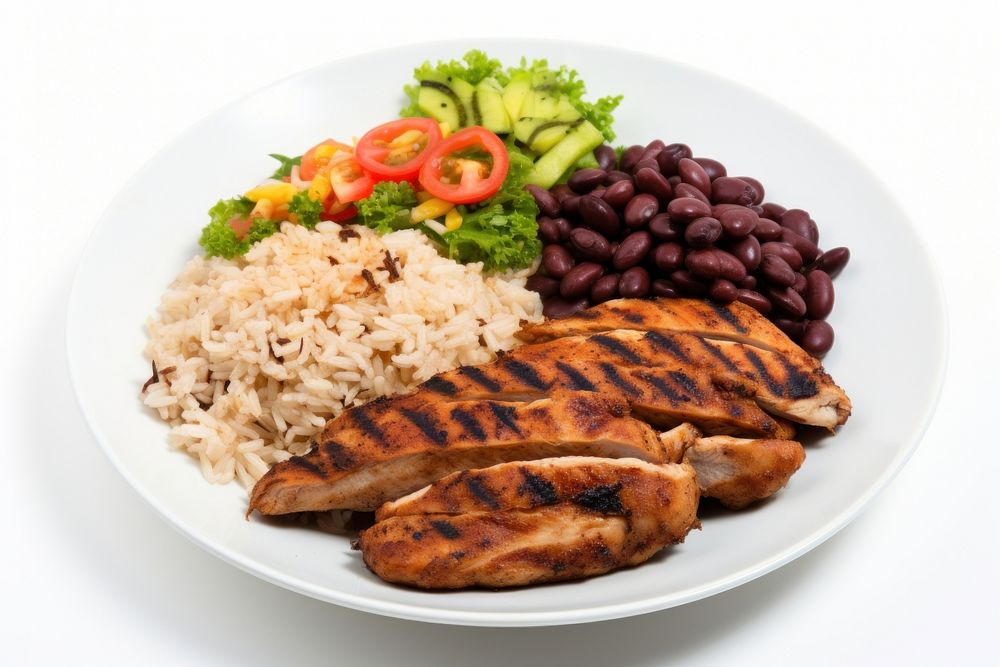 Rice beans grilled chicken steak salad and farofa plate meal food. AI generated Image by rawpixel.