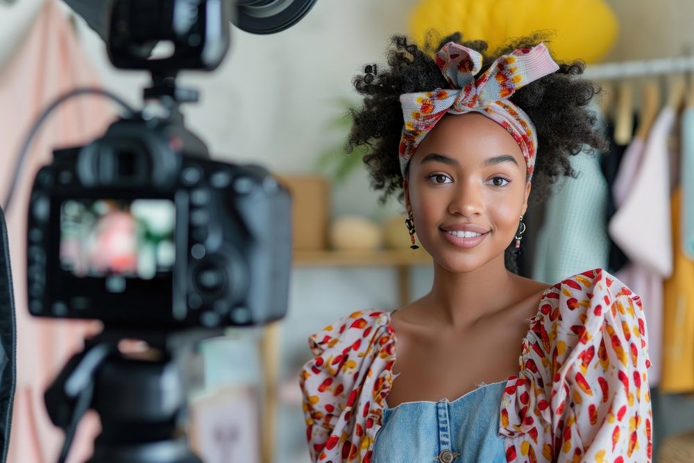 Afican american girl recording fashion review camera smile photo.