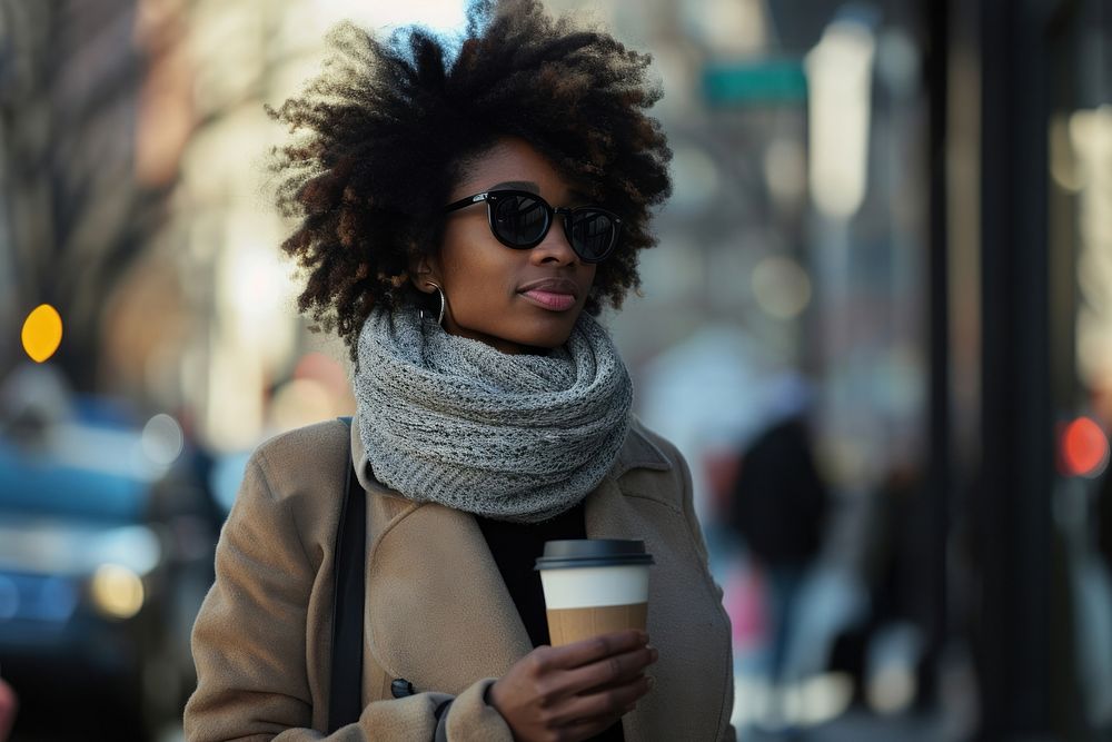 An african american woman walking with a coffee on a city sidewalk photography portrait glasses.