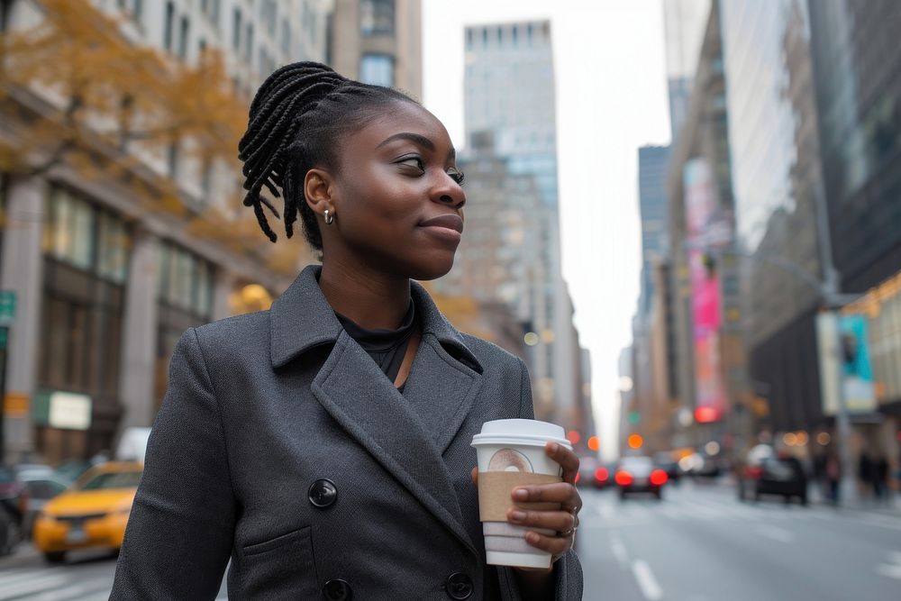 An african american woman walking with a coffee on a city sidewalk cup mug architecture.