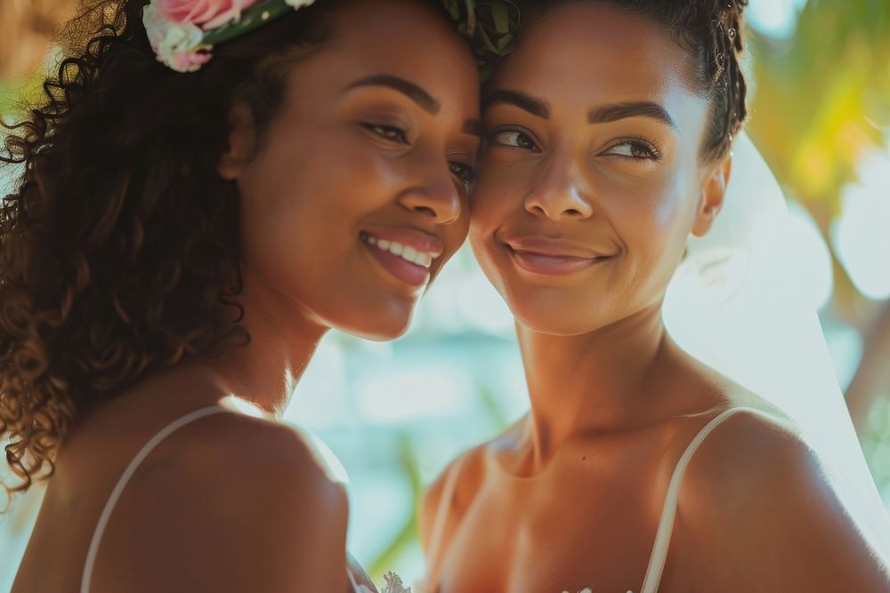 African american woman and hispanic woman getting married portrait outdoors wedding.