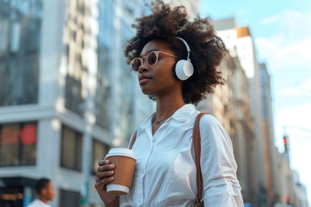 An african american woman in white shirt walking with a coffee and wireless headphone headphones glasses city.