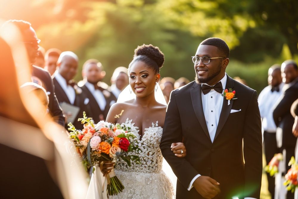 African American couple walking down the aisle wedding bride adult.