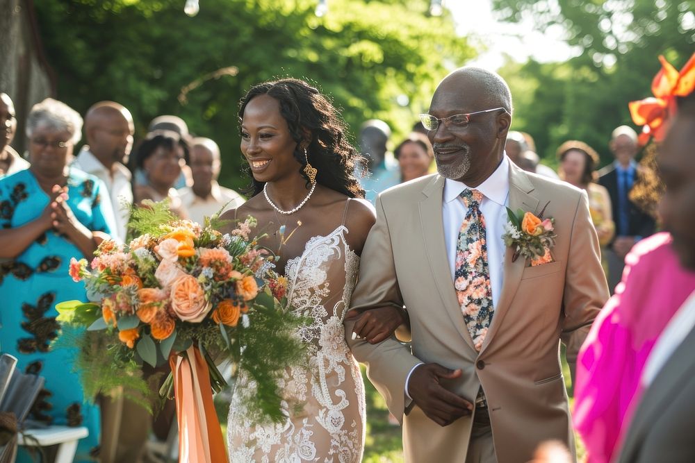 African American couple walking down the aisle wedding adult bride.