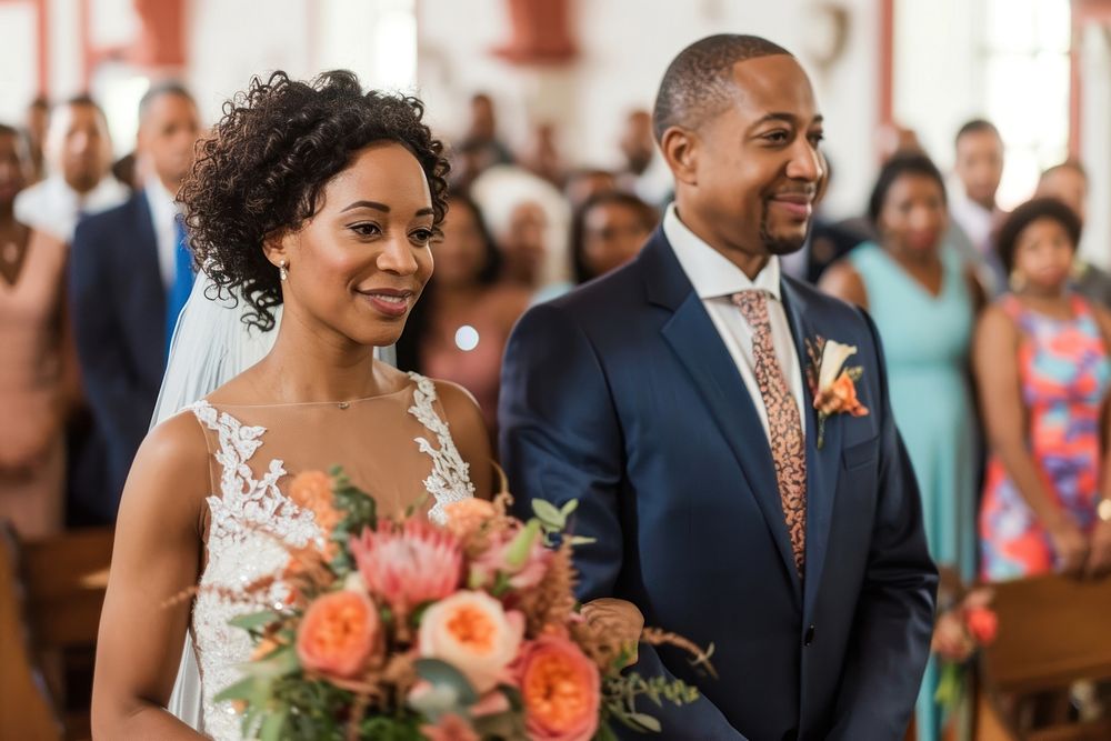 African American couple walking down the aisle wedding bride adult.