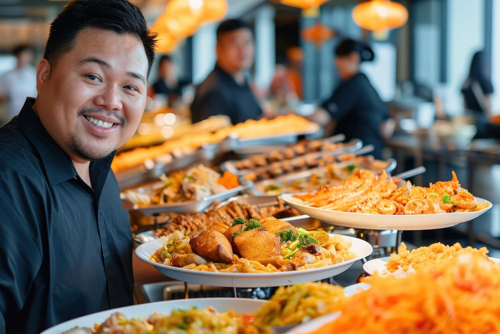 Asian chubby recording eat buffet food review adult smörgåsbord restaurant.