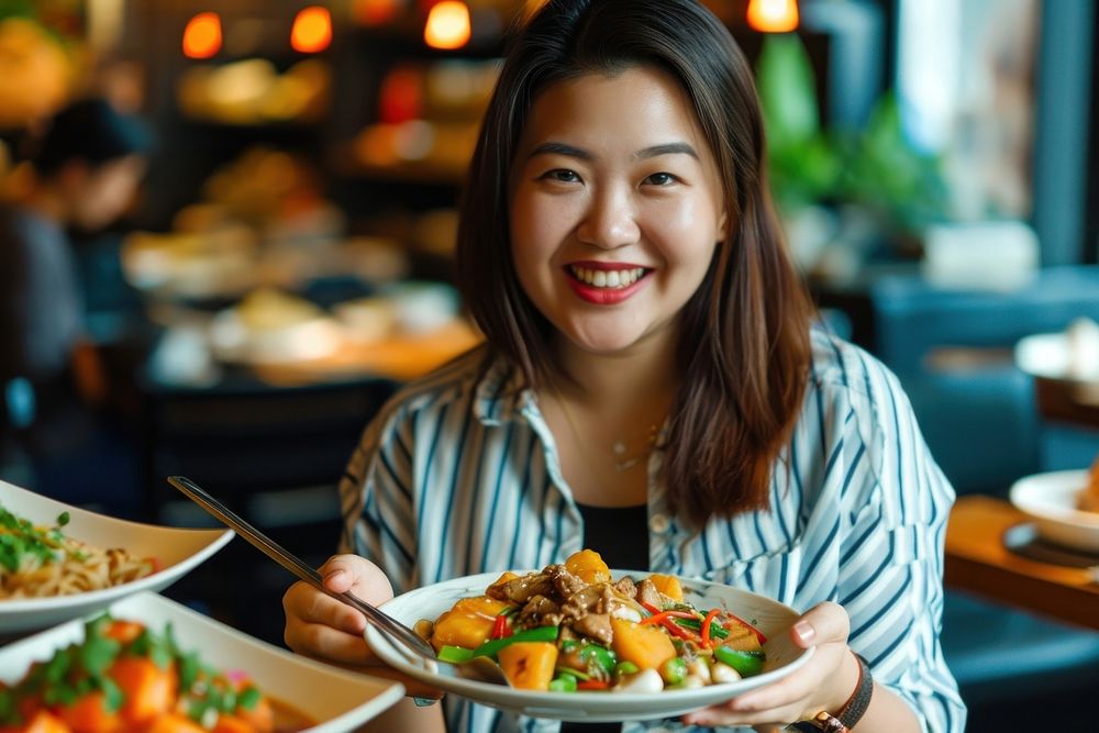 Asian chubby recording eat buffet food review smile plate adult.