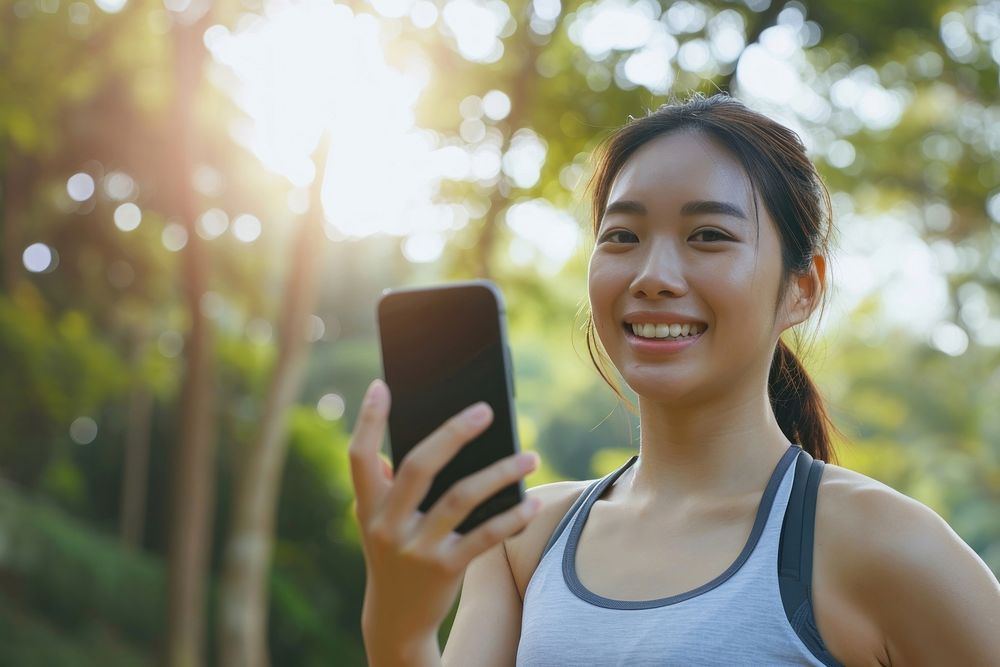 An asian athlete taking selfie while jogging in public park photographing portability electronics.