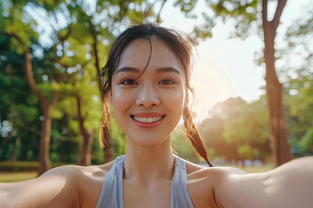 An asian athlete taking selfie while jogging in public park smile tranquility relaxation.
