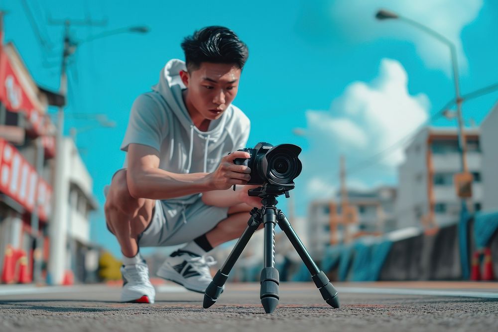 An asian athlete recording video running shoe review tripod camera photo.