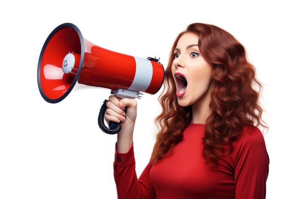 An attractive young woman using a megaphone shouting white background performance. AI generated Image by rawpixel.