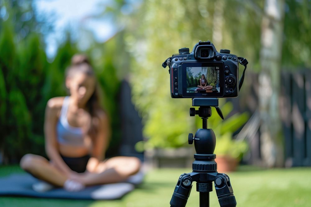 An athlete girl recording video workout at backyard camera photo photographing.