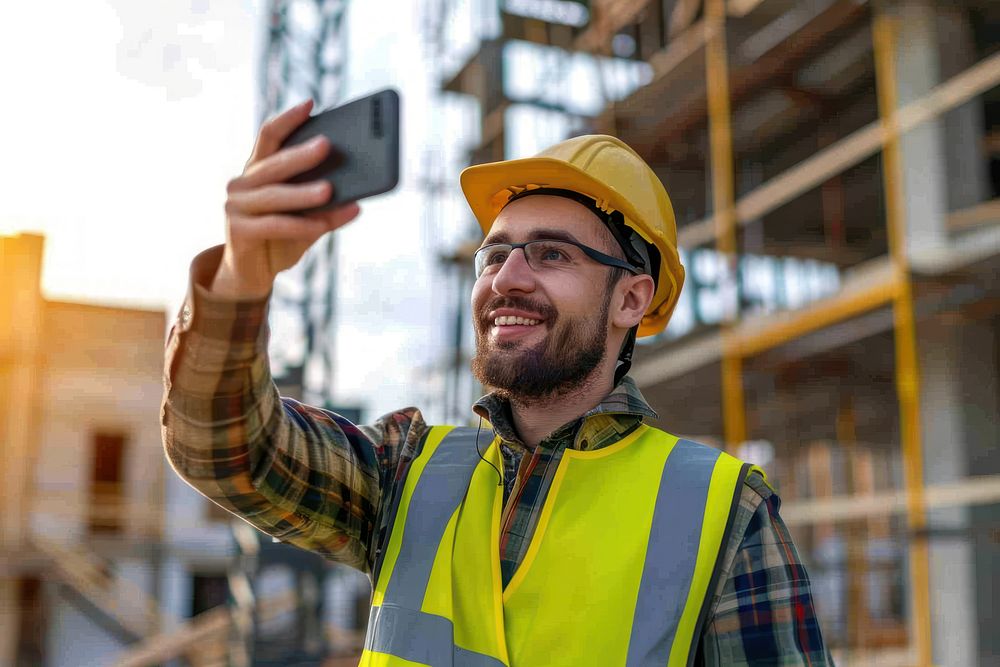 An engineering take a selfie at constuction site hardhat helmet adult.