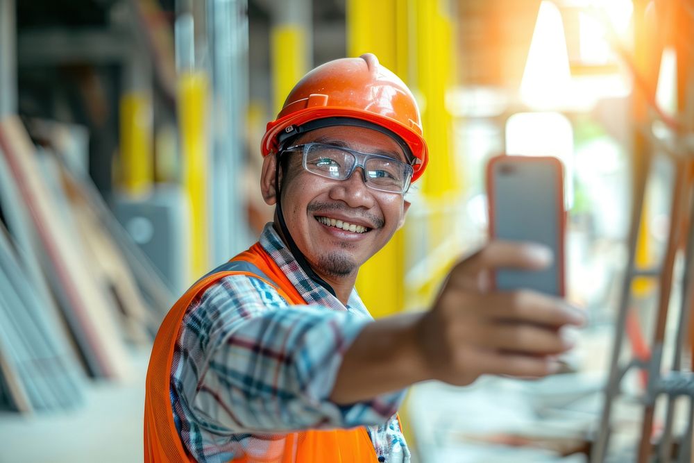 An engineering take a selfie at constuction site hardhat helmet adult.