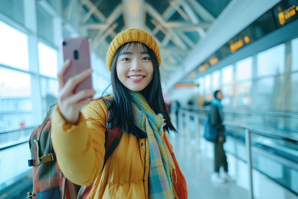 Asian influencer taking a selfie at the airport travel adult scarf.