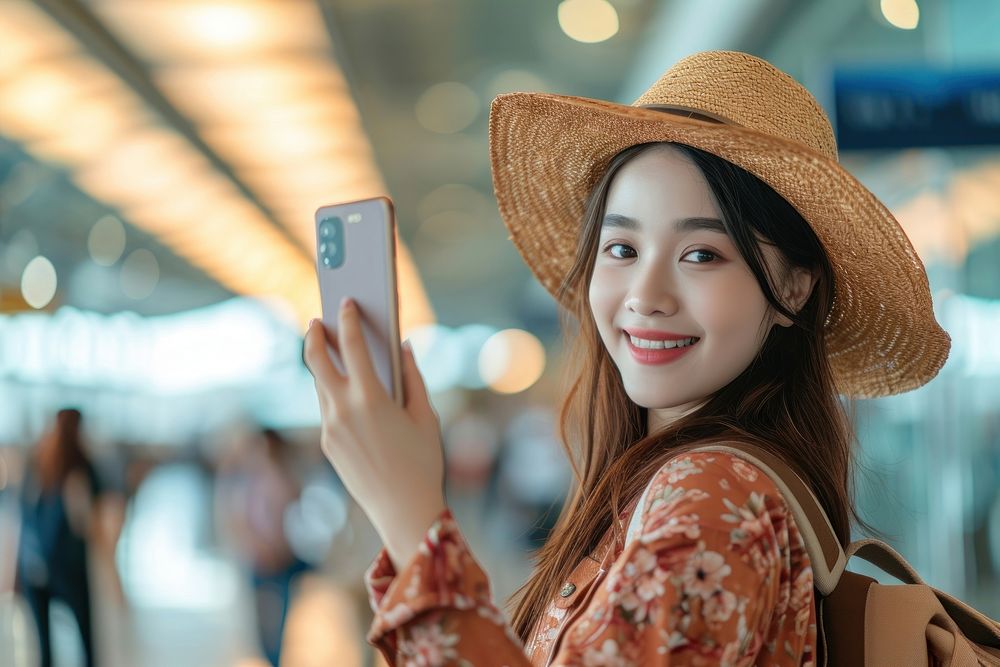 Asian influencer taking a selfie at the airport travel adult photo.