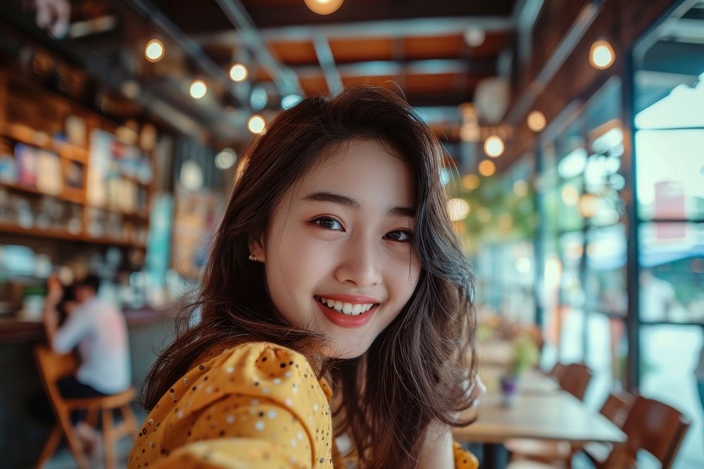 Asian influencer taking a selfie at the cafe adult smile architecture.