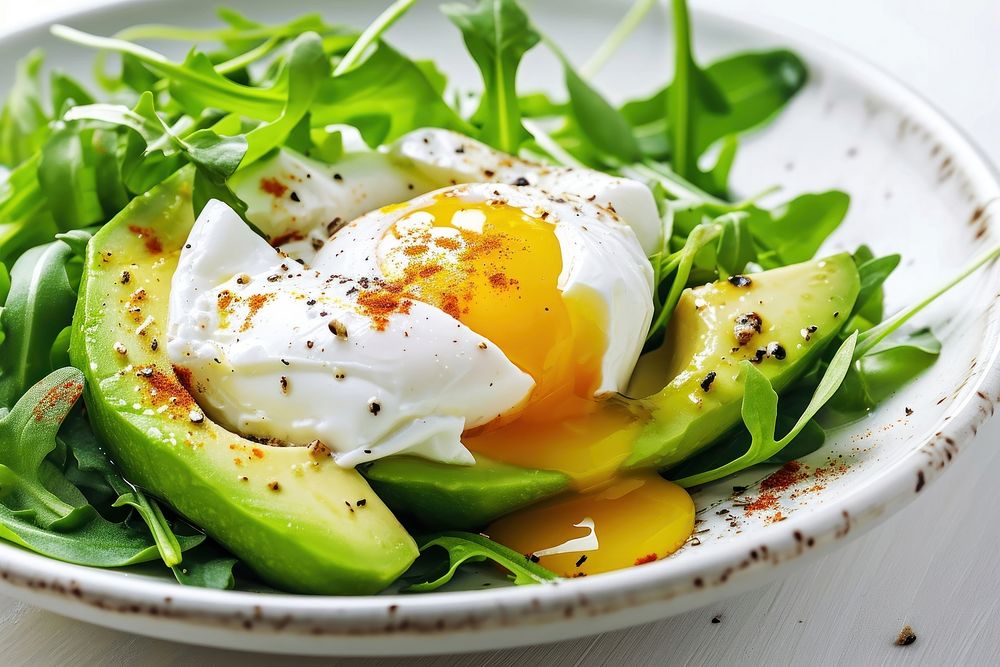 Avocado salad with poached egg plate food vegetable. AI generated Image by rawpixel.