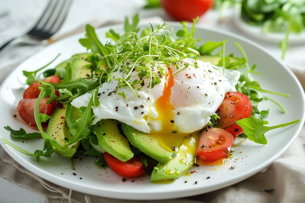 Avocado salad with poached egg plate food fork. AI generated Image by rawpixel.