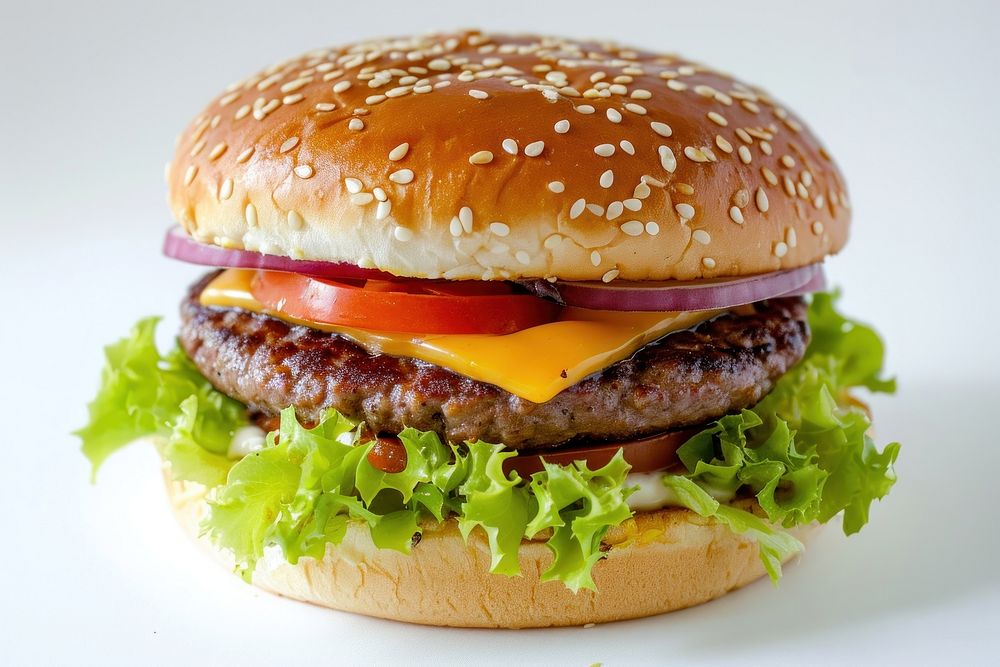 Photo of burger food hamburger condiment.