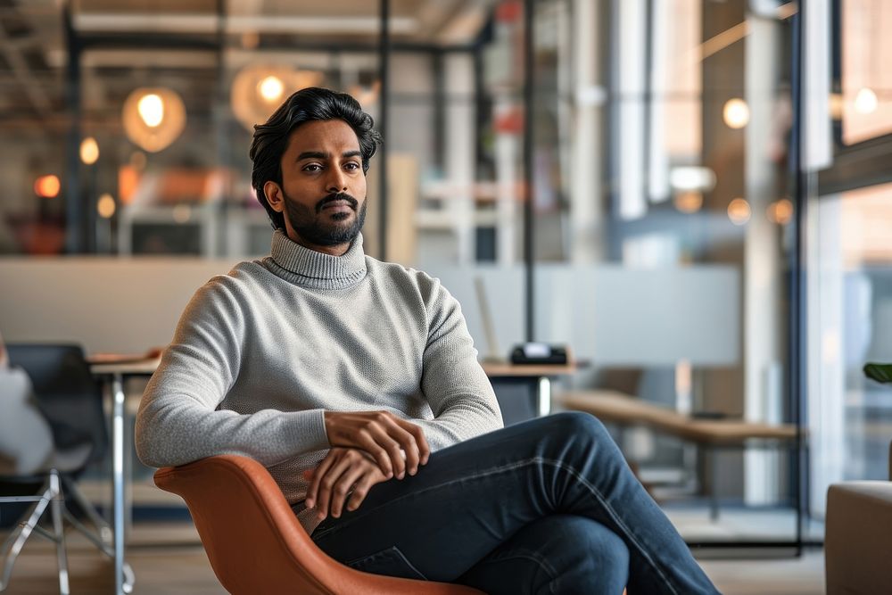 Indian american man sitting adult entrepreneur.