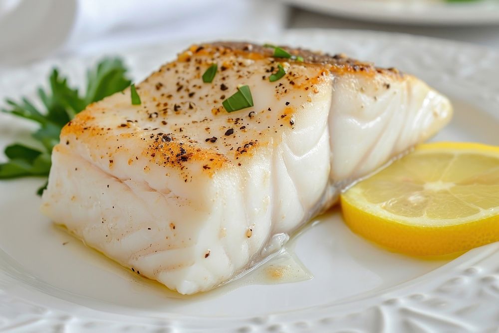 Halibut on a white plate seafood lemon fruit.