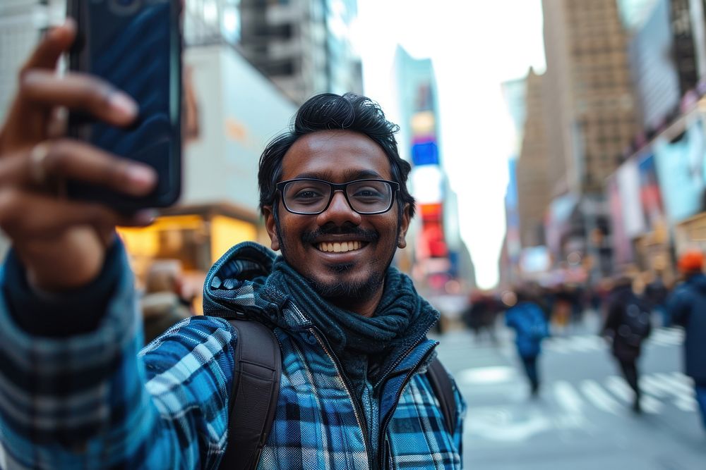 Indian american man selfie city portrait.