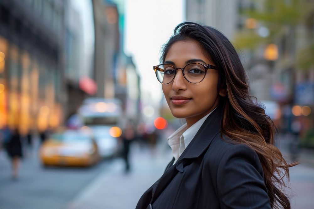 Indian american businesswoman portrait clothing glasses.