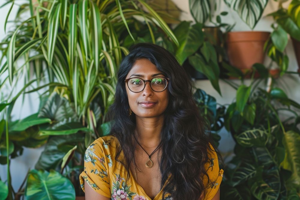 Indian american woman plant portrait glasses.