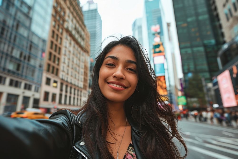 Indian american woman selfie portrait smile.