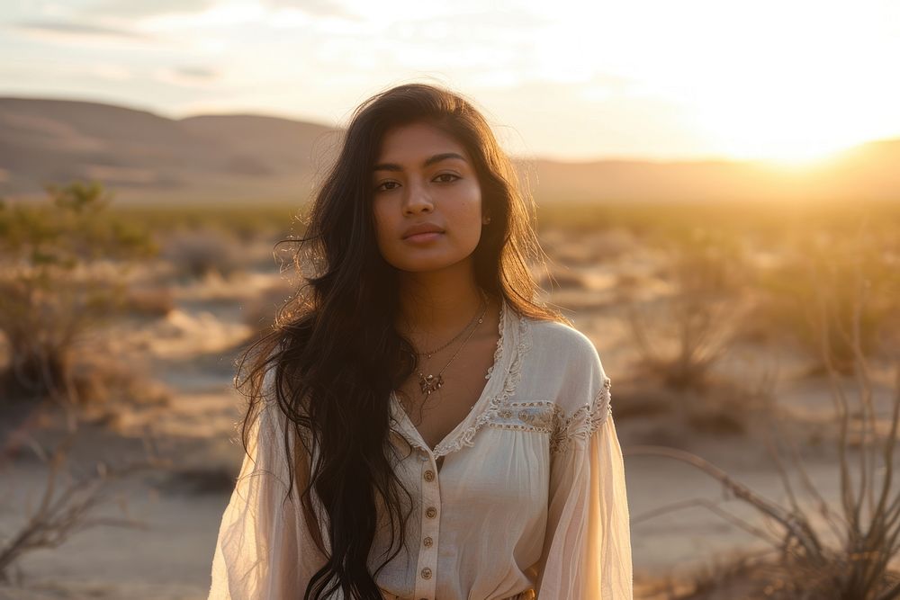 Indian american woman portrait outdoors nature.