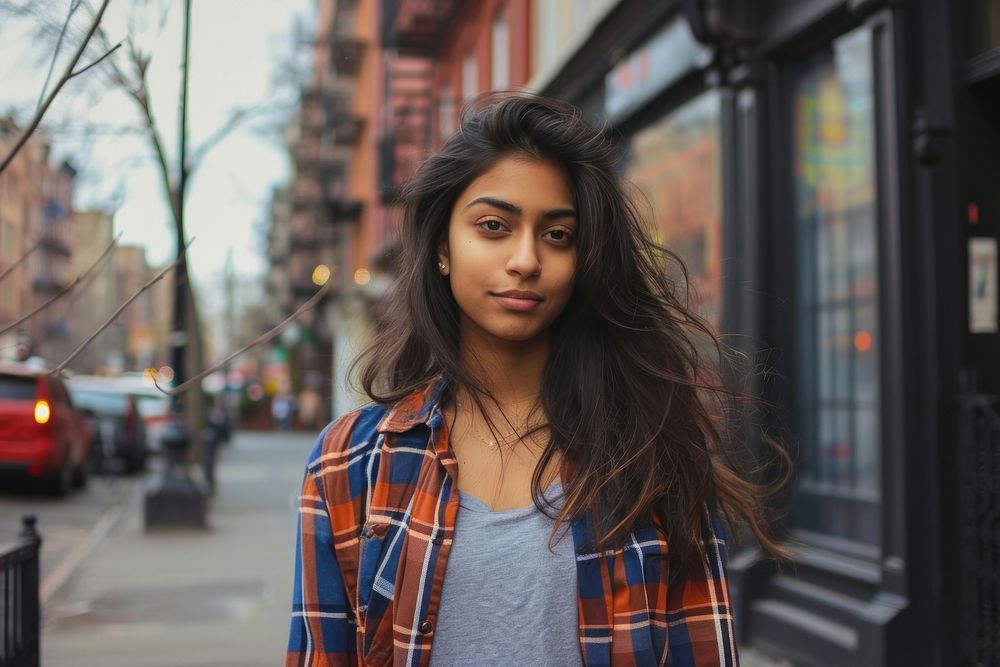 Indian american woman portrait standing photo.