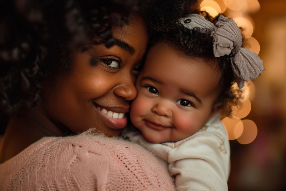 Mom holding a girl baby portrait happy photo.