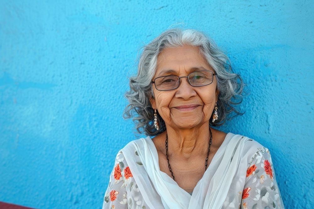 Senior indian american woman glasses adult smile.
