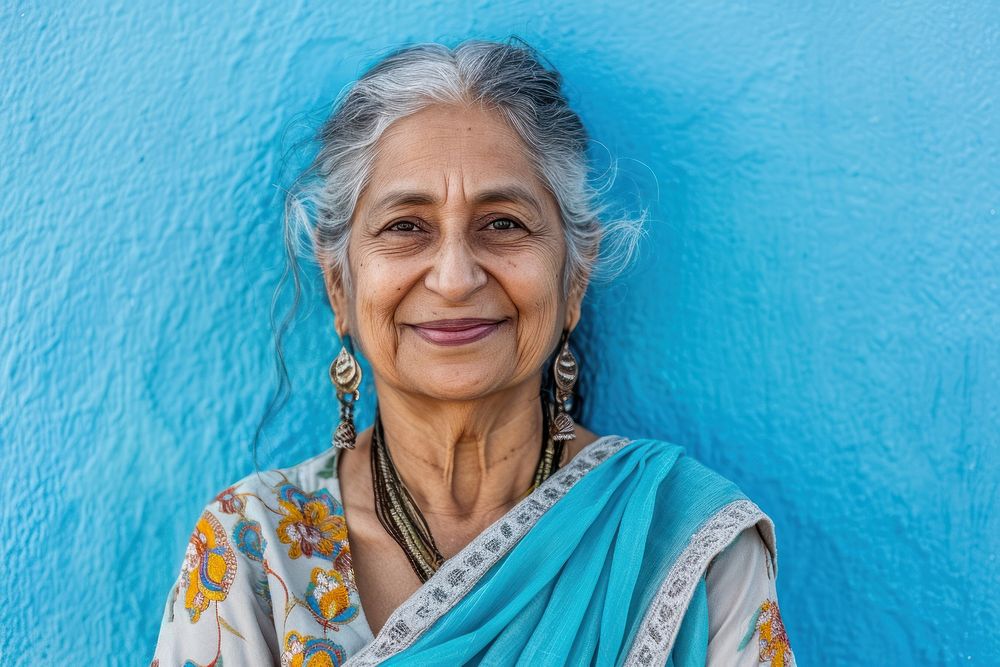 Senior indian american woman adult smile blue.