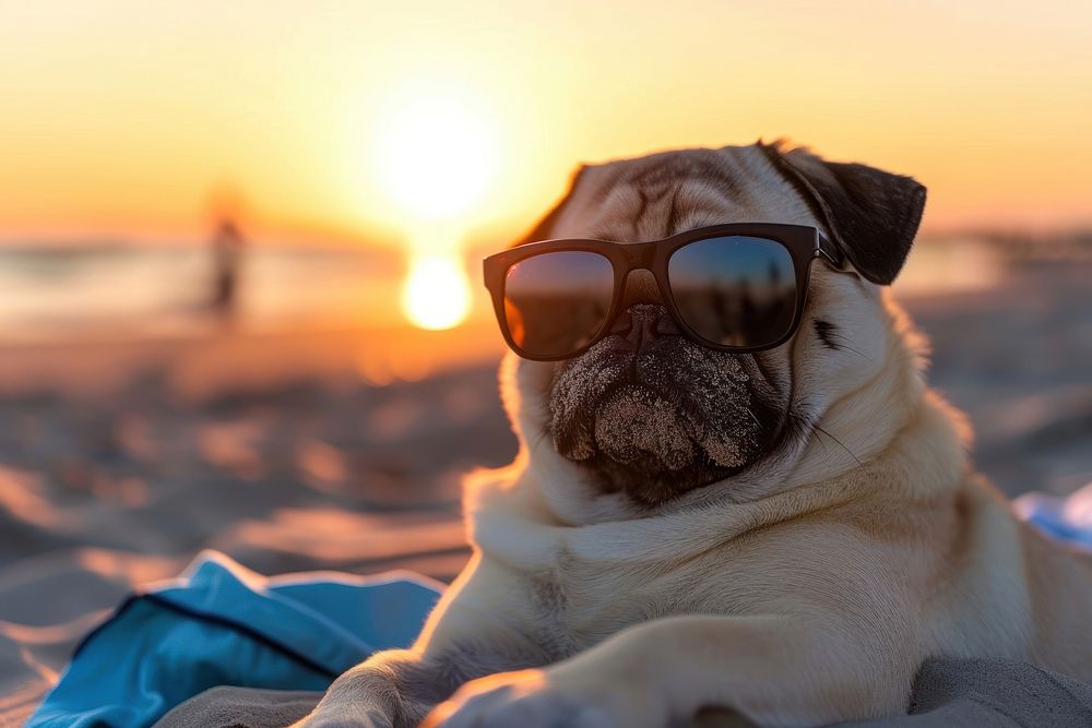 Pug wearing sunglasses dog outdoors sunset.