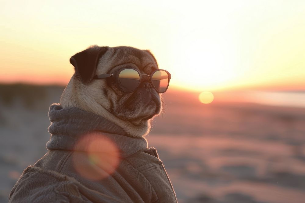 Pug wearing sunglasses dog portrait outdoors.