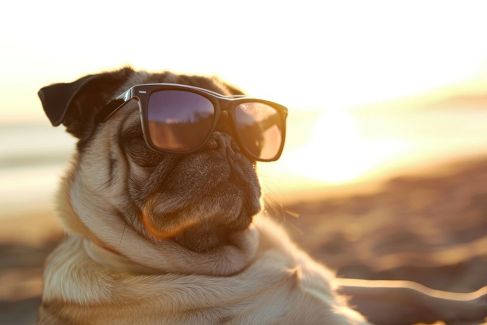 Pug wearing sunglasses dog outdoors mammal.