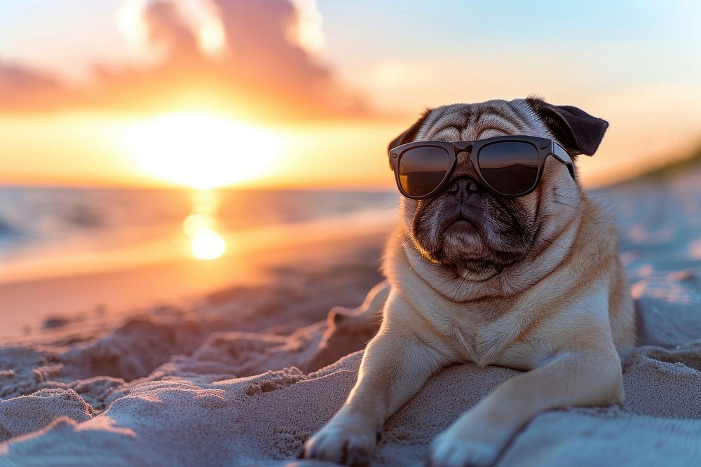 Pug wearing sunglasses dog outdoors animal.